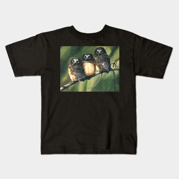 Saw Whet Owls Kids T-Shirt by ferinefire